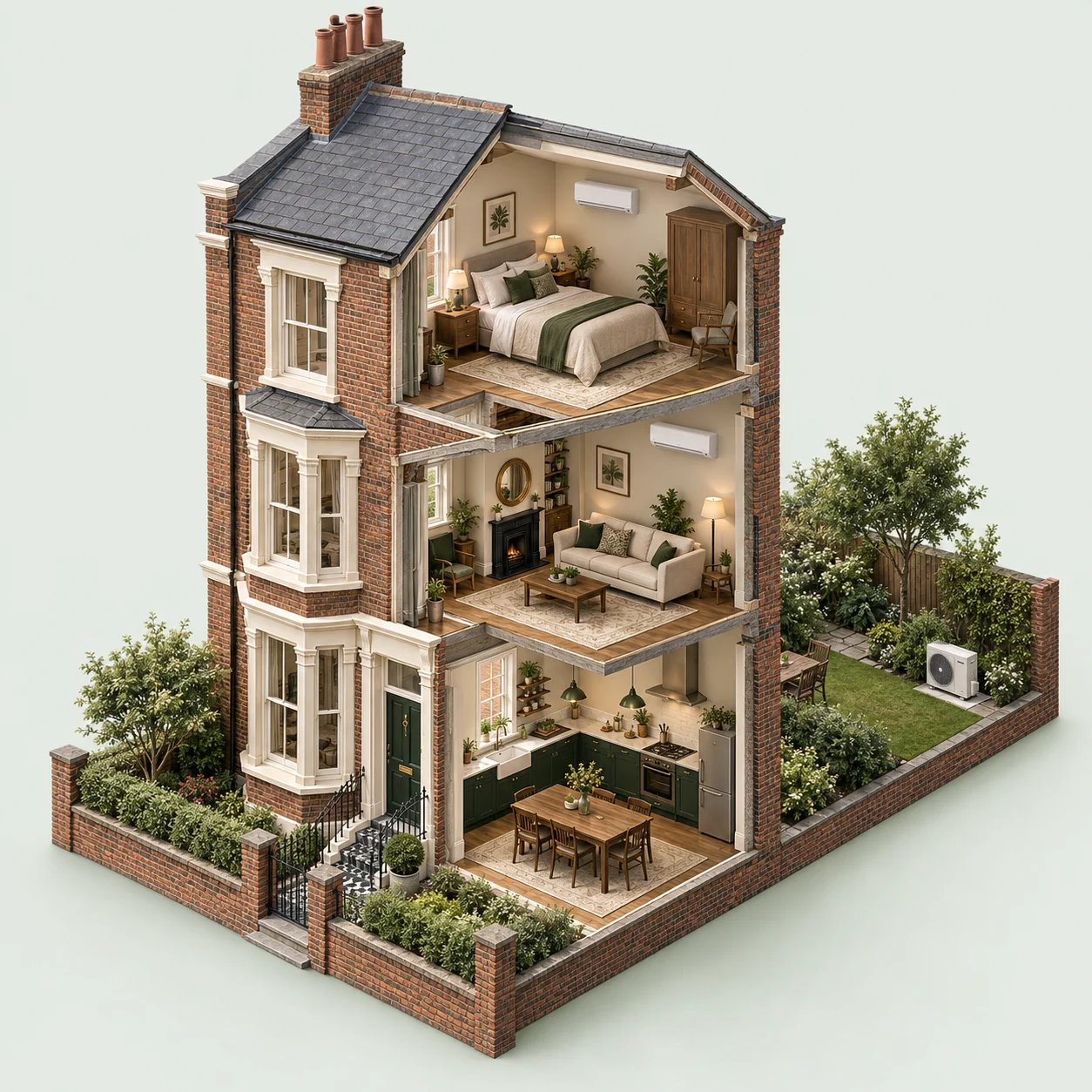 Illustrative cutaway of a London house showing indoor units and an outdoor condenser in the garden